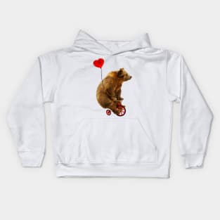 Grizzly Bear Riding a Red Tricycle with Heart Balloon Kids Hoodie